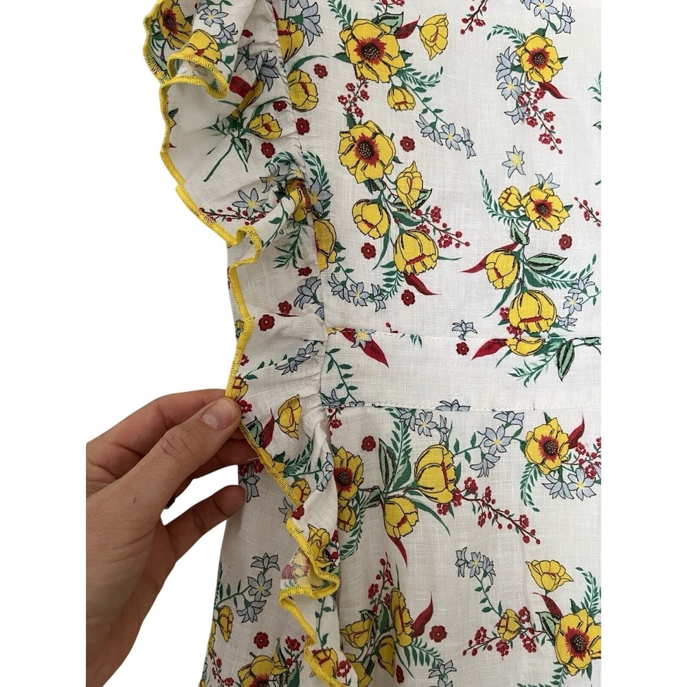 Gul Hurgel Floral White Yellow Ruffle 100% Linen Dress Pinafore Pockets Small - Picture 7 of 16